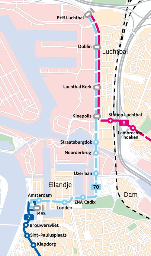 Het traject van tram 70.