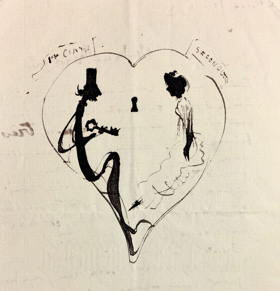 Ce dessin était bien caché au dos de l’une des lettres dans l’album Rousseau. et on peut y voir un cadenas en forme de cœur, avec à l’intérieur, les silhouettes de Mariette Rousseau et de James Ensor, qui en tient la clé, Juillet 1883. © KBR 