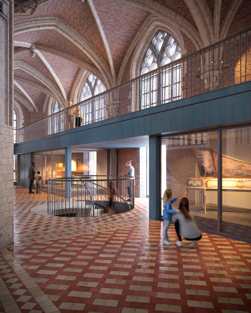 Simulatiebeeld interieur van de Stadshal ©Joris Bourgeois i.o.v Origin Architecture & Engineering i.s.m. FVWW Architecten