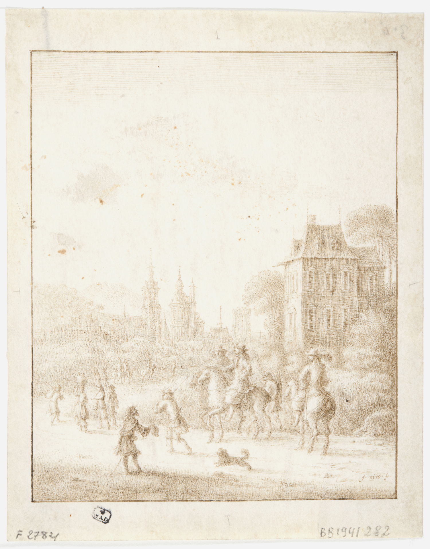 Gezicht op het Kattenberghof in Antwerpen met ruiters op de voorgrond door Gillis Neyts (ca. 1618 - 1687).