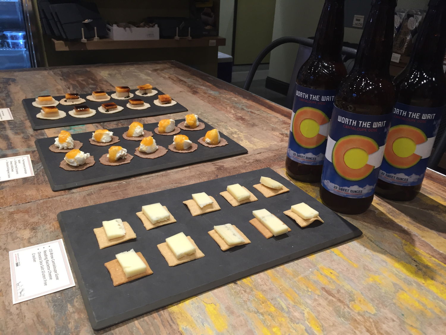 Worth the Wait Cantaloupe Gose paired with cheeses from Cheese+Provisions and The Preservery's Cantaloupe butter.