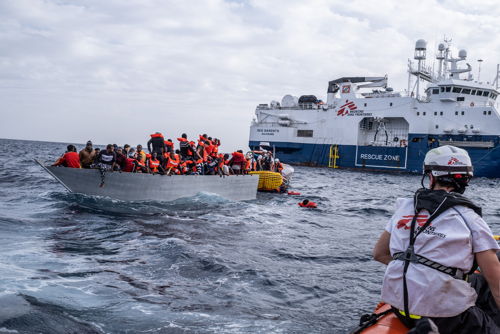 After a distress call from Alarm Phone, confirmed by Sea Bird, the afternoon of the 16th of November, 2021, 99 survivors were rescued by the Geo Barents at approx 30 miles from the Libyan shores. Copyright: Virginie Nguyen Hoang/Collectif HUMA