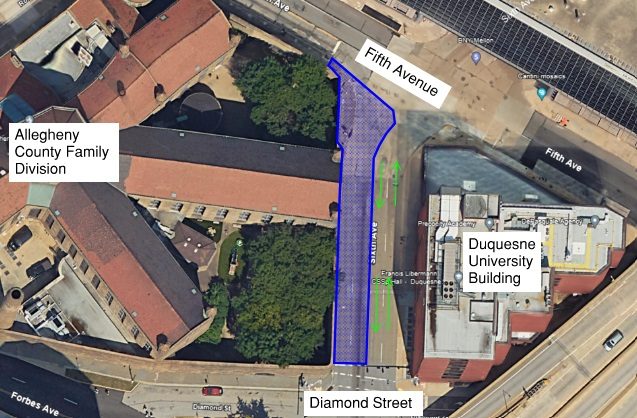 An Aerial Image of Sixth Avenue Between Fifth Avenue and Diamond Street Depicting the Lane Restrictions Beginning on Monday, May 20 An Aerial Image of Sixth Avenue Between Fifth Avenue and Diamond Street Depicting the Lane Restrictions Beginning on Monday, May 20