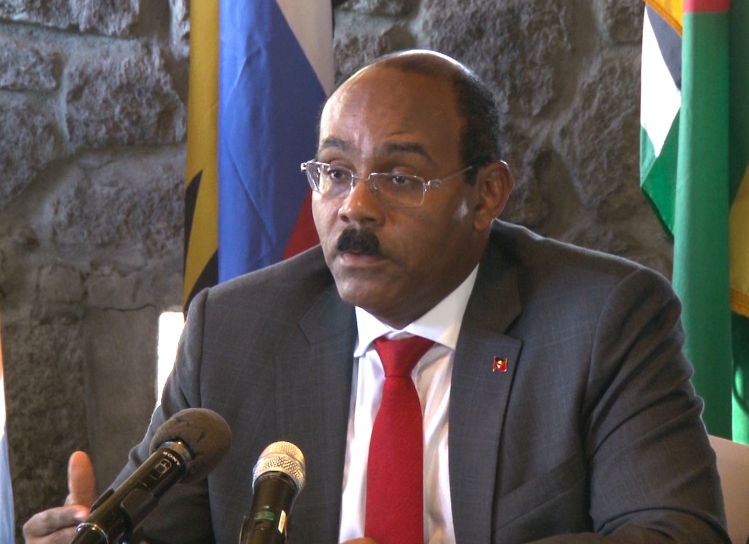 Council Member, Hon Gaston Browne, Prime Minister and Minister for Finance, Antigua and Barbuda, presenting Communiqué.