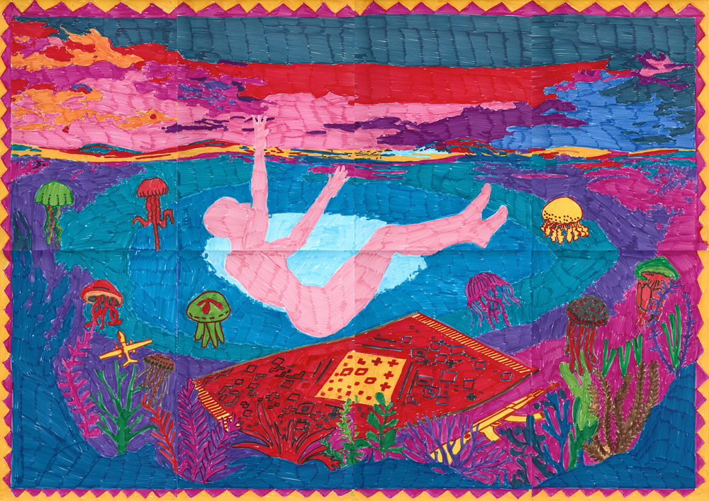 Araks Sahakyan, Floating body – floating carpet, 2021,  Markers op pigmentbasis op papier, 59,4 x 84 cm (12 vellen), Collectie kunstenaar