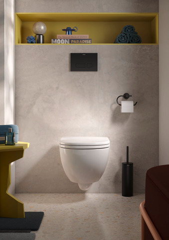 La cuvette suspendue et l’abattant coordonné forment un tout harmonieux. En y ajoutant un dévidoir de papier toilette D-Code et un porte-balayette, on obtient un équipement de salle de bains complet, optimal. 