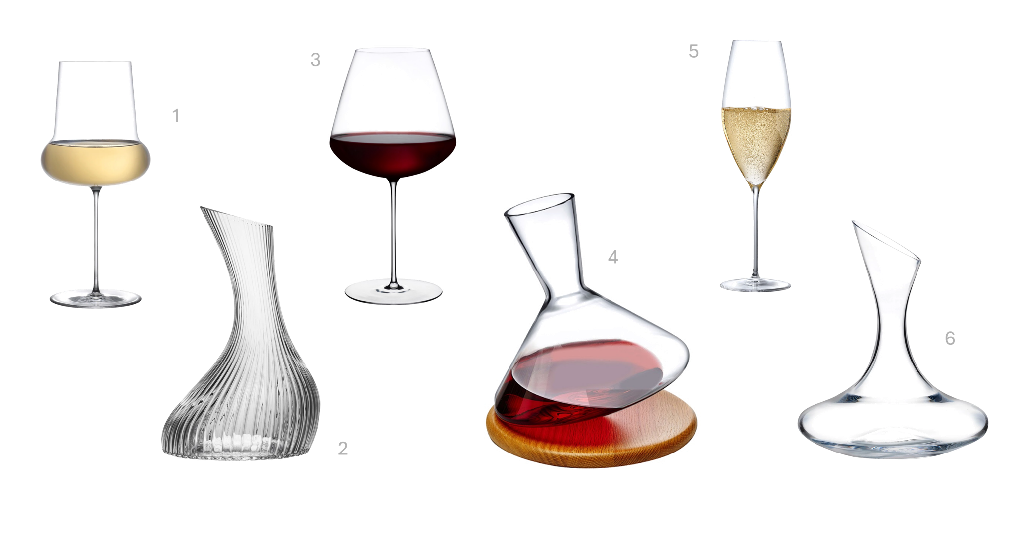 1.Ghost Zero Belly White Wine Glass, €98, 2.Vini Carafe 1750cc, €75, 3.Stem Zero Elegant Red Wine Glass Large, €56, 4.Balance Wine Decanter With Wooden Base, €104, 5.Stem Zero Grace Sparkling Wine Glass, €59, 6.Oxygen Wine Decanter, €93