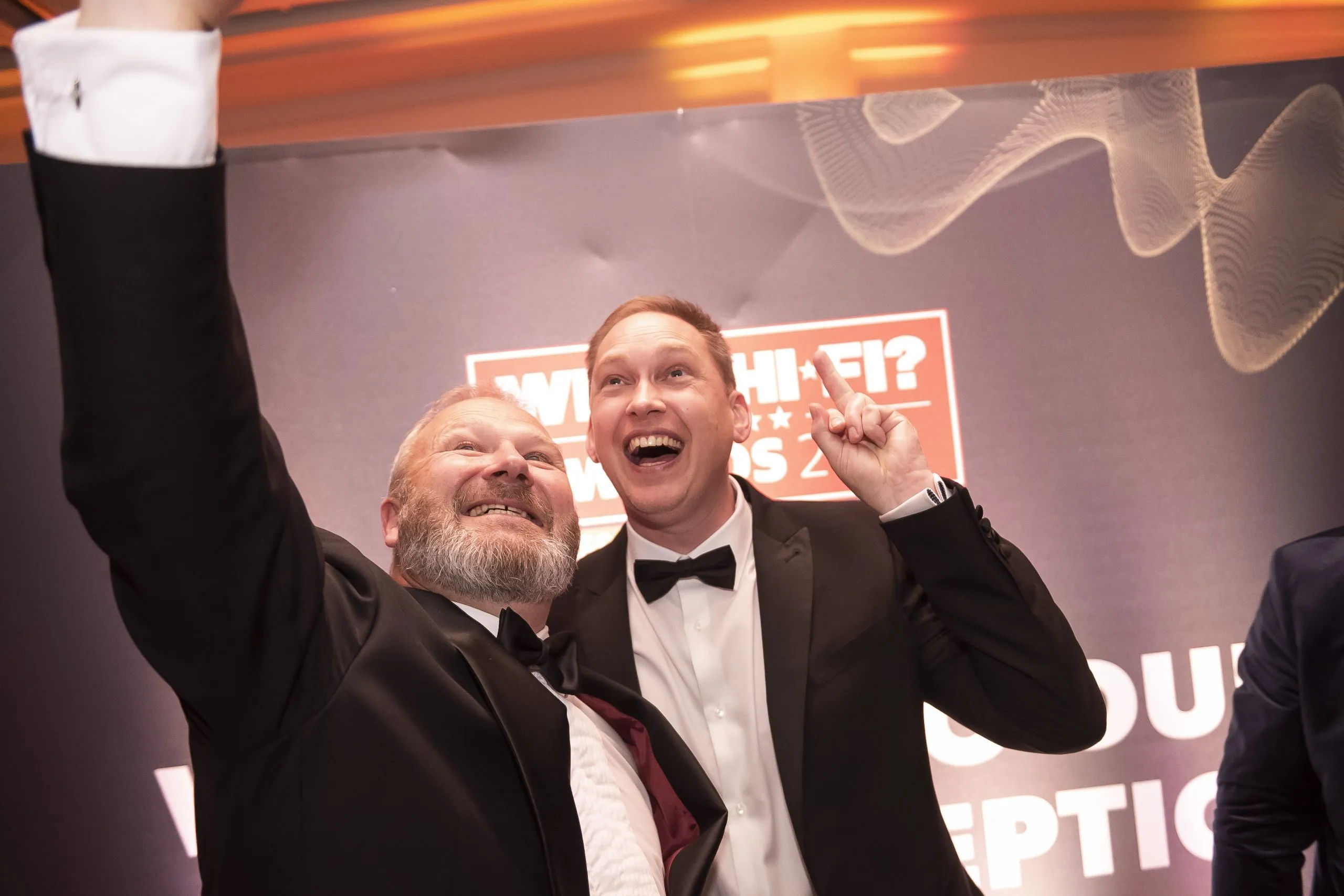 Alex Foxon and Matt Miller from DALI UK celebrate at the What Hi-Fi? Awards in London, 2022. DALI have won 22 What Hi-Fi? Awards in the last decade alone.