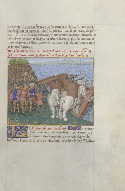 
Frontinus, Stratagemata French translation by Jean de Rovroy. France, 1471. ms. 10475, fol. 24r Lucius Caecilius Metellus embarks his elephants in Sicily © KBR