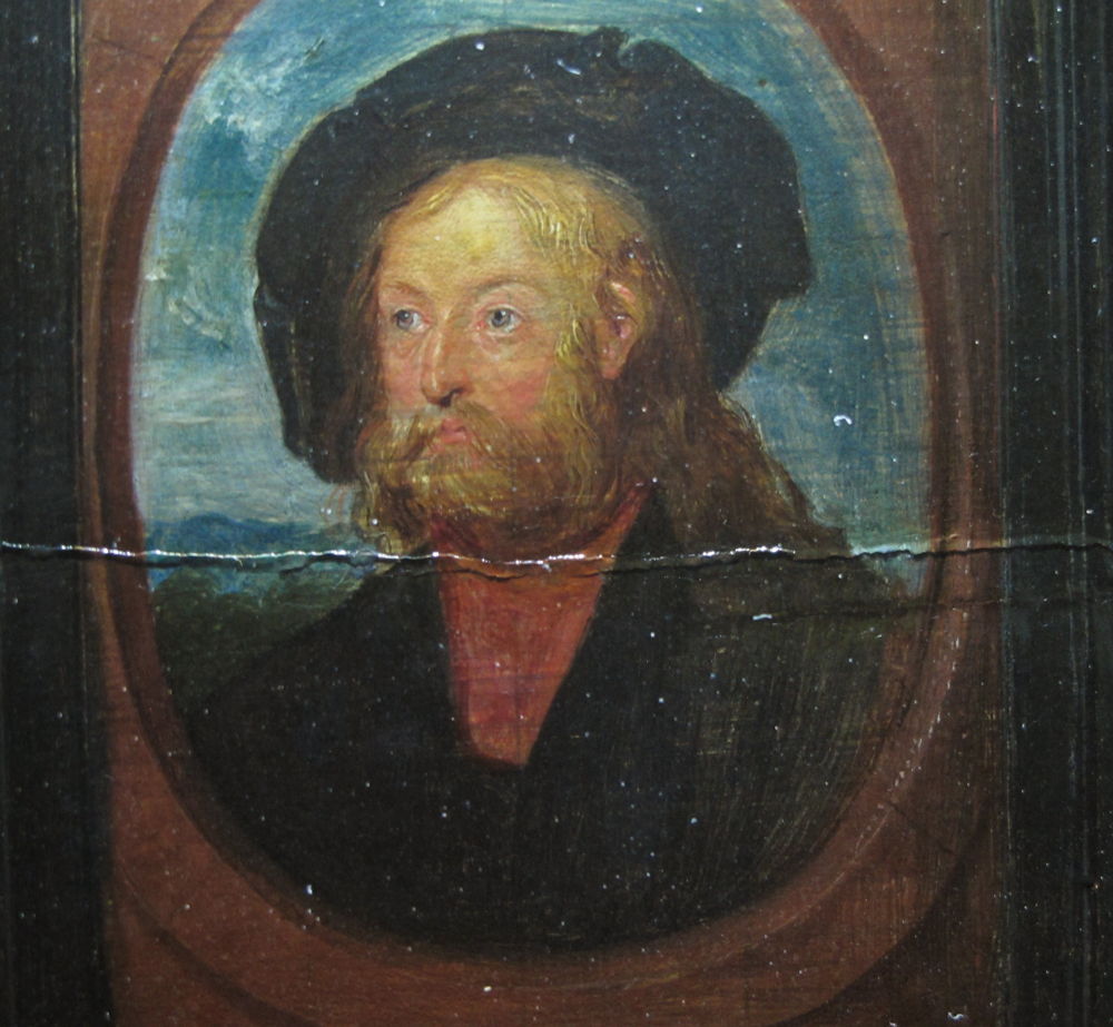 Detail verfopstuwing voor restauratie Willem van Haecht, De kunstkamer van Cornelis van der Geest, 1628, collectie Rubenshuis, foto Aline Genbrugge