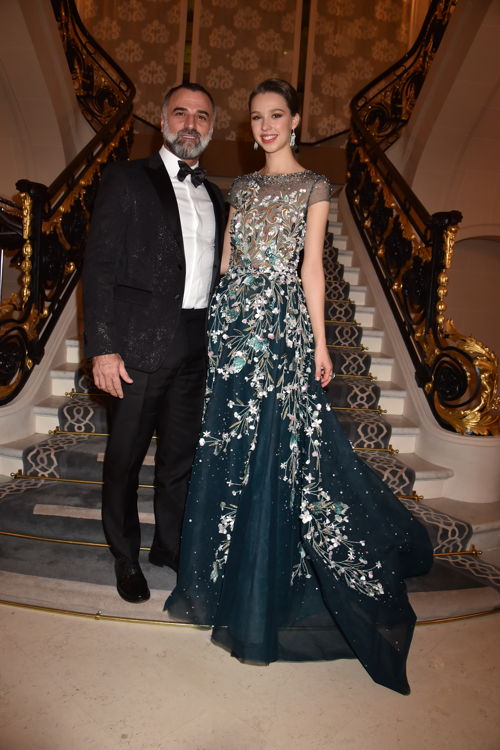 Countess Angélique de Limburg Stirum (in Georges Hobeila and jewelry by Payal New York) with her cavalier Count François de Limburg Stirum, Photo by Jean Luce Huré