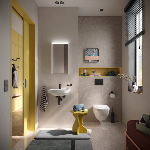 D-Code affiche ses points forts même dans les petites salles de bains pour invités. Le lave-mains et la cuvette suspendue compacte, de faible profondeur, se prêtent aux contrastes prononcés – comme celui créé par la robinetterie et les accessoires D-Code de couleur noire. D-Code affiche ses points forts même dans les petites salles de bains pour invités. Le lave-mains et la cuvette suspendue compacte, de faible profondeur, se prêtent aux contrastes prononcés – comme celui créé par la robinetterie et les accessoires D-Code de couleur noire.