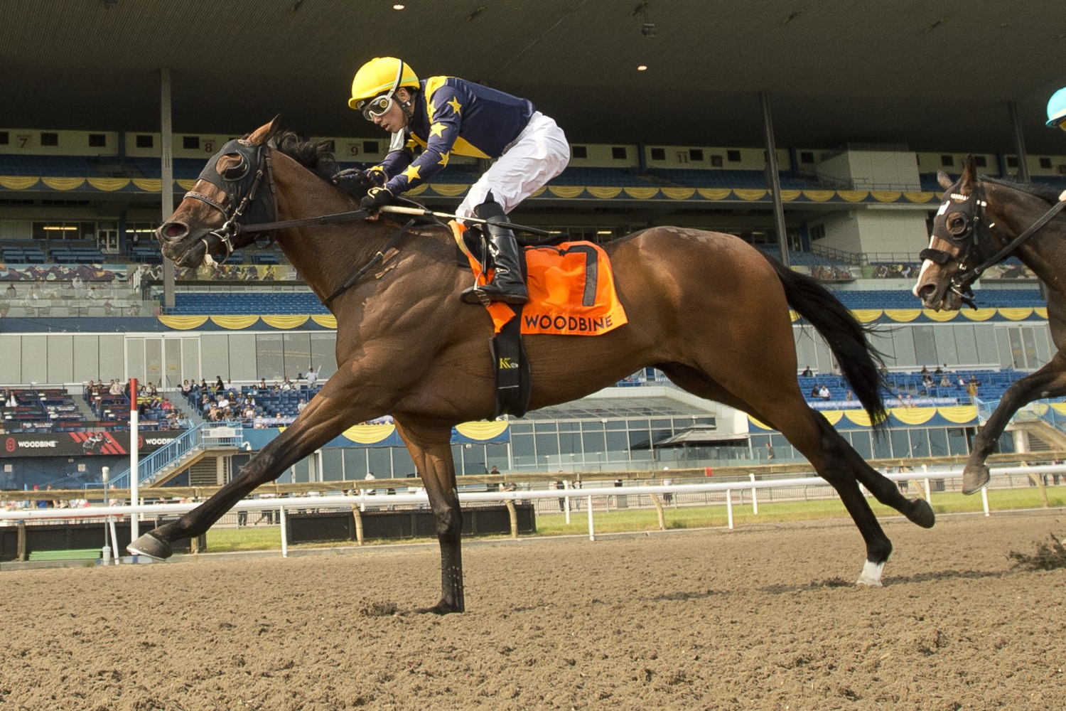 Treason and jockey Kazushi Kimura winning the Eclipse Stakes on June 4, 2023 at Woodbine (Michael Burns Photo)