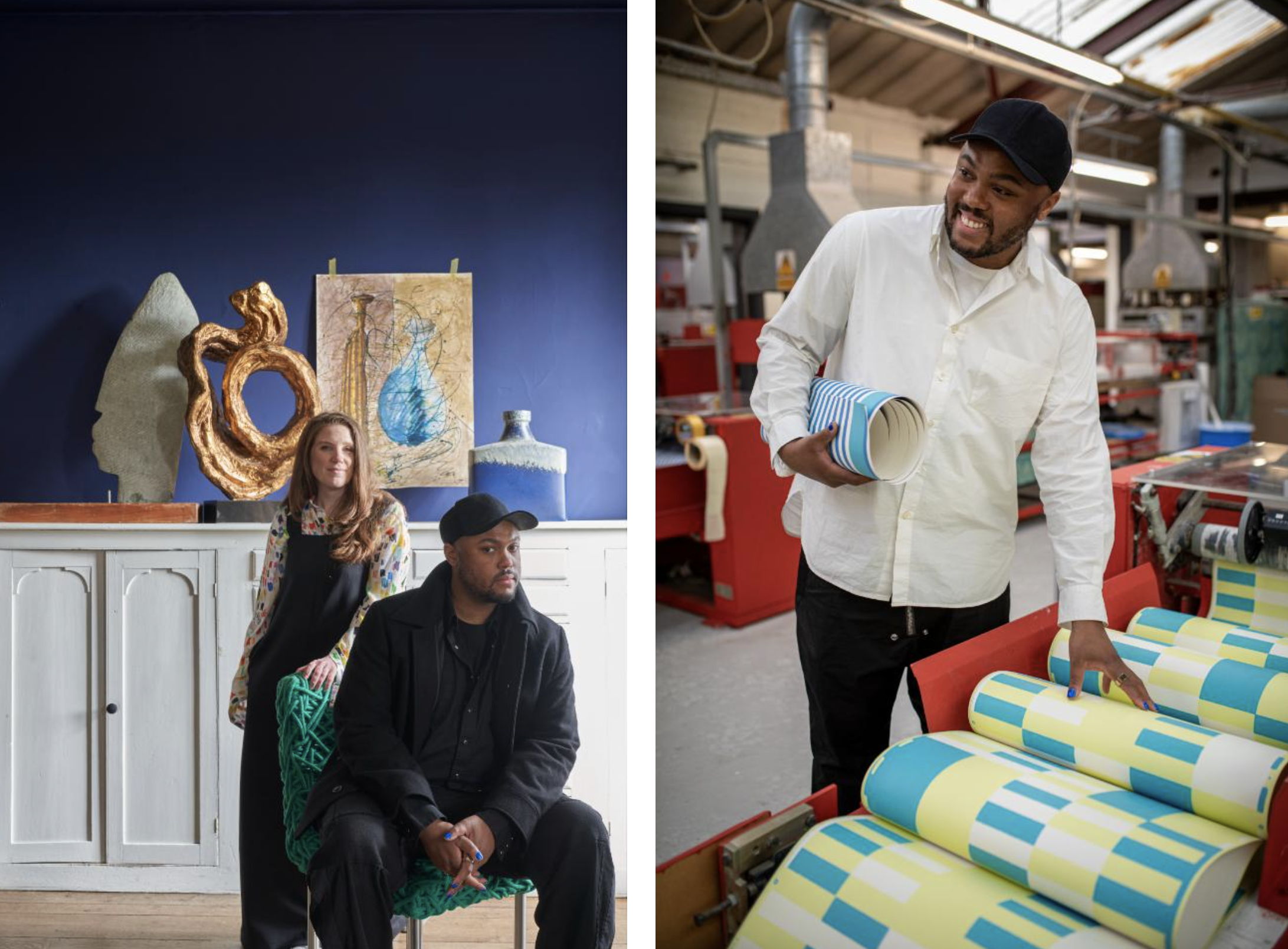 Left: Charlotte Cosby and Christopher John Rogers
Right: Christopher John Rogers at the Farrow & Ball factory in Dorset, UK