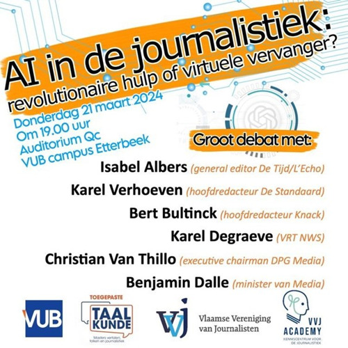 Persuitnodiging - VUB Masteropleiding Journalistiek en VVJ organiseren debat over gebruik van AI in de journalistiek 