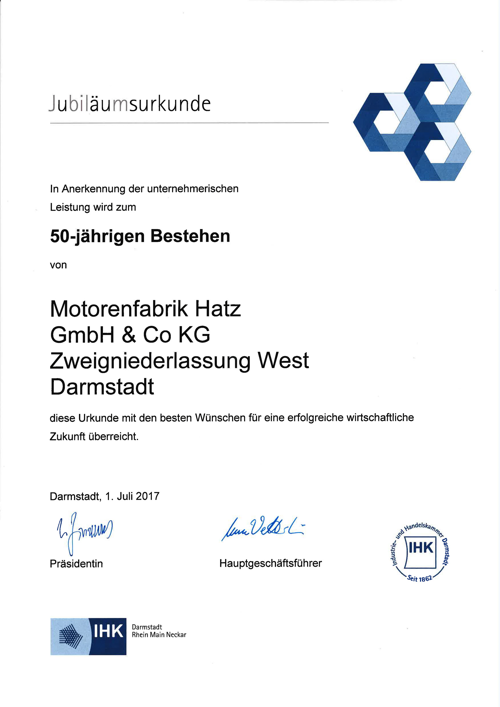 IHK (Chamber of Industry and Commerce) certificate on the occasion of 50 years of existence of Hatz's western branch in Darmstadt (Germany)