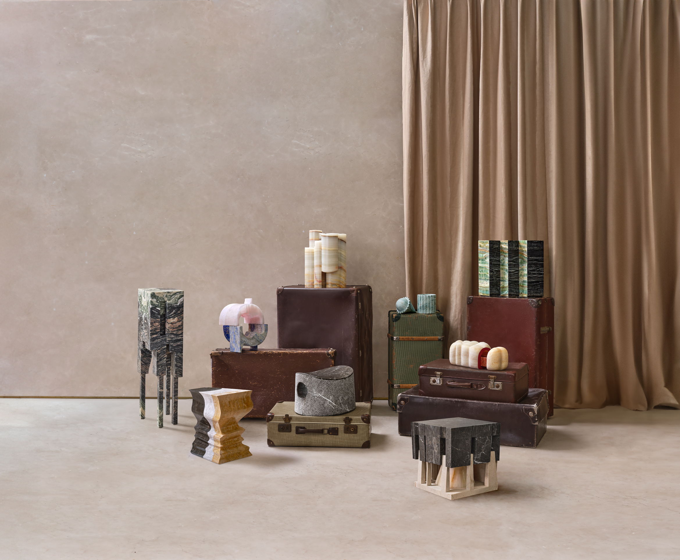 From left to right: A Guardian Monster by Jimenez Lai, E la Nave Va by Smith-Clementi, Cloud Vase by Stephanie Lin, Sofreh by Saba Salekfard, Lenticular Vessel by Chris Adamick, Souvenirs a Nous: Mother & Child by Natou Fall, Bath Stool by Studio Gorm, The Qalamdan by Saba Yazdjerdi, Souvenir of Citizenship by by Chris T. Cornelius