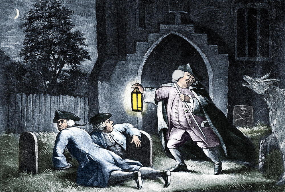 Bodysnatchers in a church cemetery, including an anatomist who wants bodies for dissection. They are disturbed by the braying of an ass. Mezzotint, 1771. Colorised. AKG10396749 © akg-images / Science Source