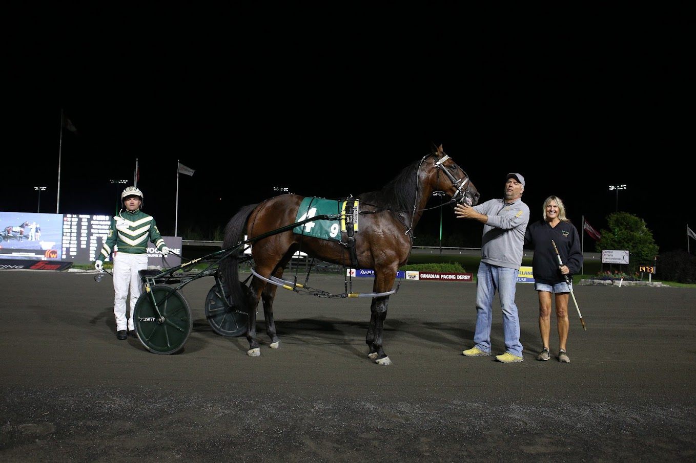 Bythemissal in the winner's circle for the second Canadian Pacing Derby Elimination on August 26, 2023 at Woodbine Mohawk Park (New Image Media)