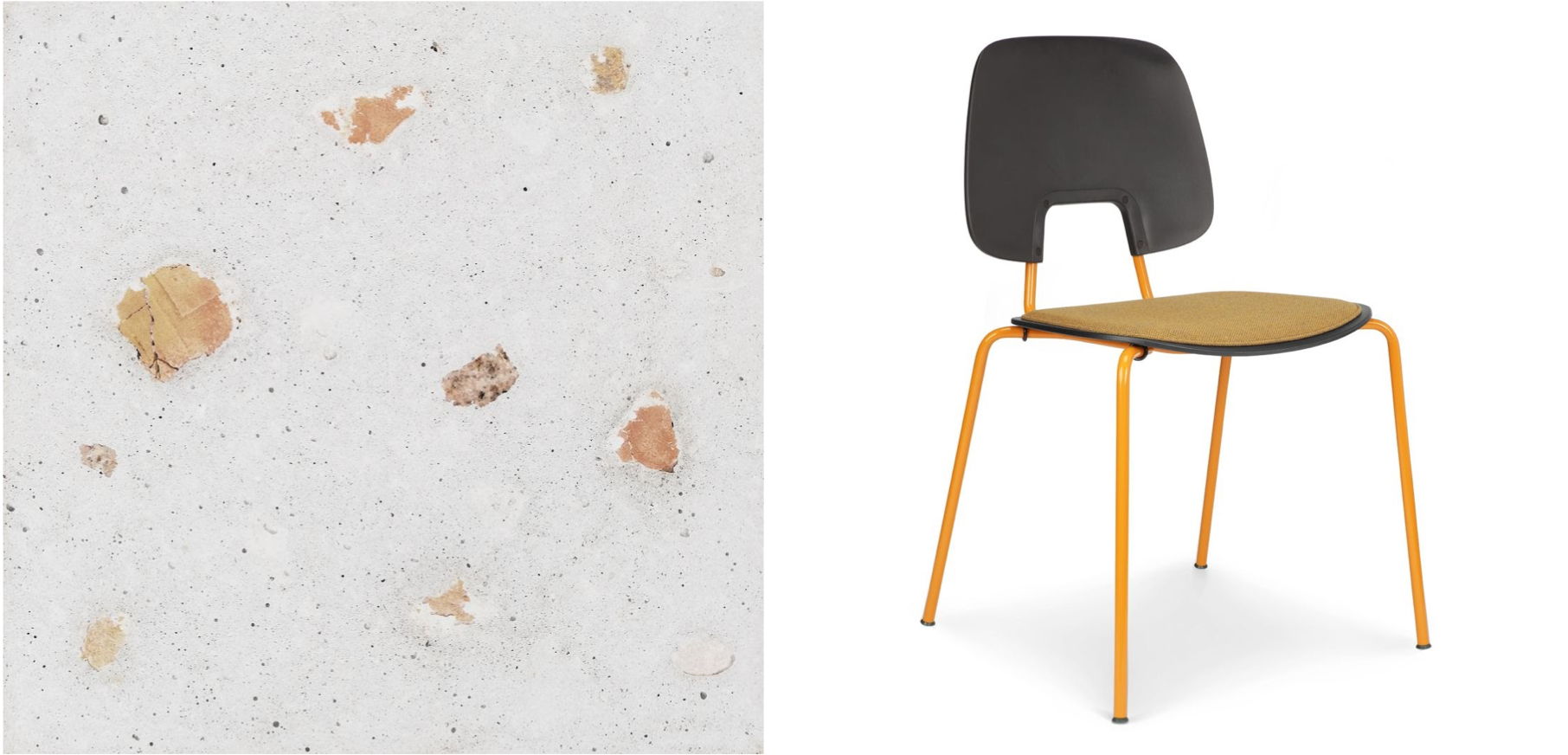 Above left: Gast tile using discarded stone masonry materials by Genfärd. Right: R.U.M chair made using sea plastic by Wehlers