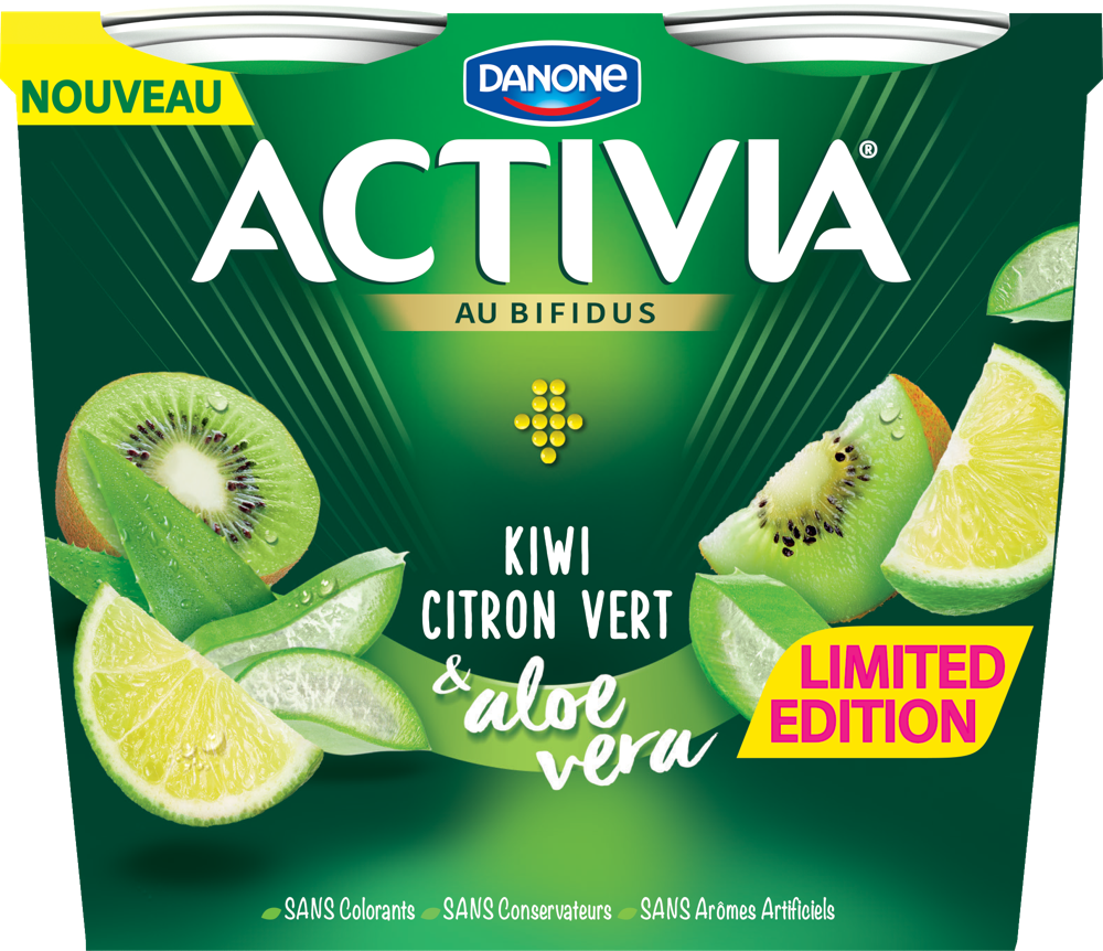Activia Kiwi Citron vert & Aloe Vera avec des morceaux de fruits, sans arômes artificiels,
 sans colorants et sans conservateurs