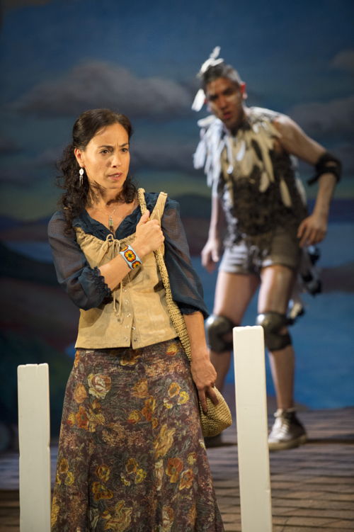 Tasha Faye Evans (as Marie Adele Starblanket) and Waawaate Fobister (as Nanabush) in The Rez Sisters by Tomson Highway / Photos by David Cooper / <a href="http://www.belfry.bc.ca/the-rez-sisters/" rel="nofollow">www.belfry.bc.ca/the-rez-sisters/</a>