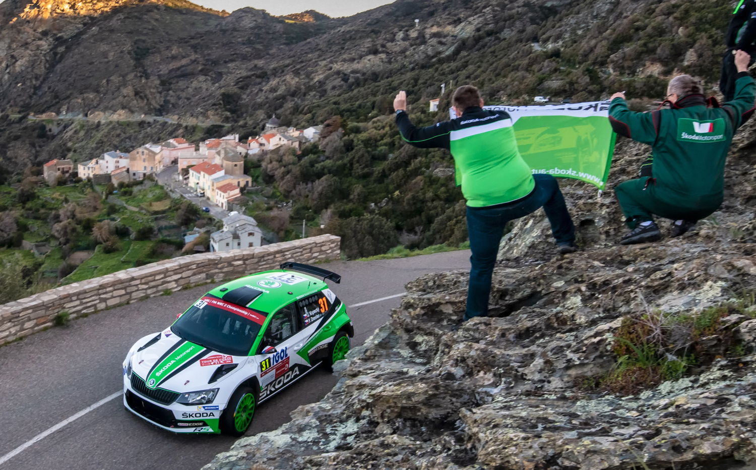 Jan Kopecký/Pavel Dresler (CZE/CZE), competing in a ŠKODA FABIA R5, are dominating the WRC 2 category at Rally France/Tour de Corse after day two