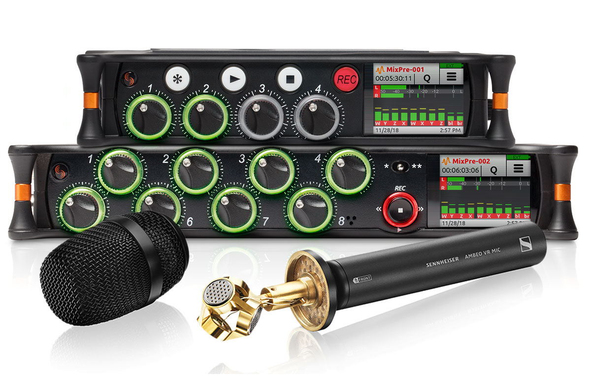 A firmware update turns the Sound Devices MixPre-6 (top) and MixPre-10T portable audio recorders into ideal tools for VR content creators. The recorders include the AMBEO A-B converter and an AMBEO-to-binaural decoder to directly monitor spatial audio at the recorder. A firmware update turns the Sound Devices MixPre-6 (top) and MixPre-10T portable audio recorders into ideal tools for VR content creators. The recorders include the AMBEO A-B converter and an AMBEO-to-binaural decoder to directly monitor spatial audio at the recorder. 