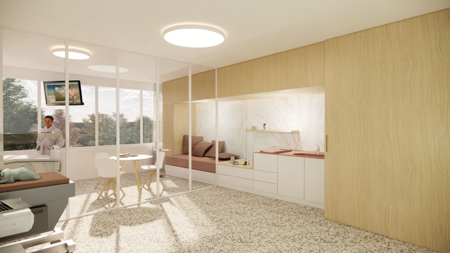 Interieurbeeld (simulatie) van een kamer in de gezamenlijke NICU van GZA en ZNA. (Copyright SVR-ARCHITECTS)
