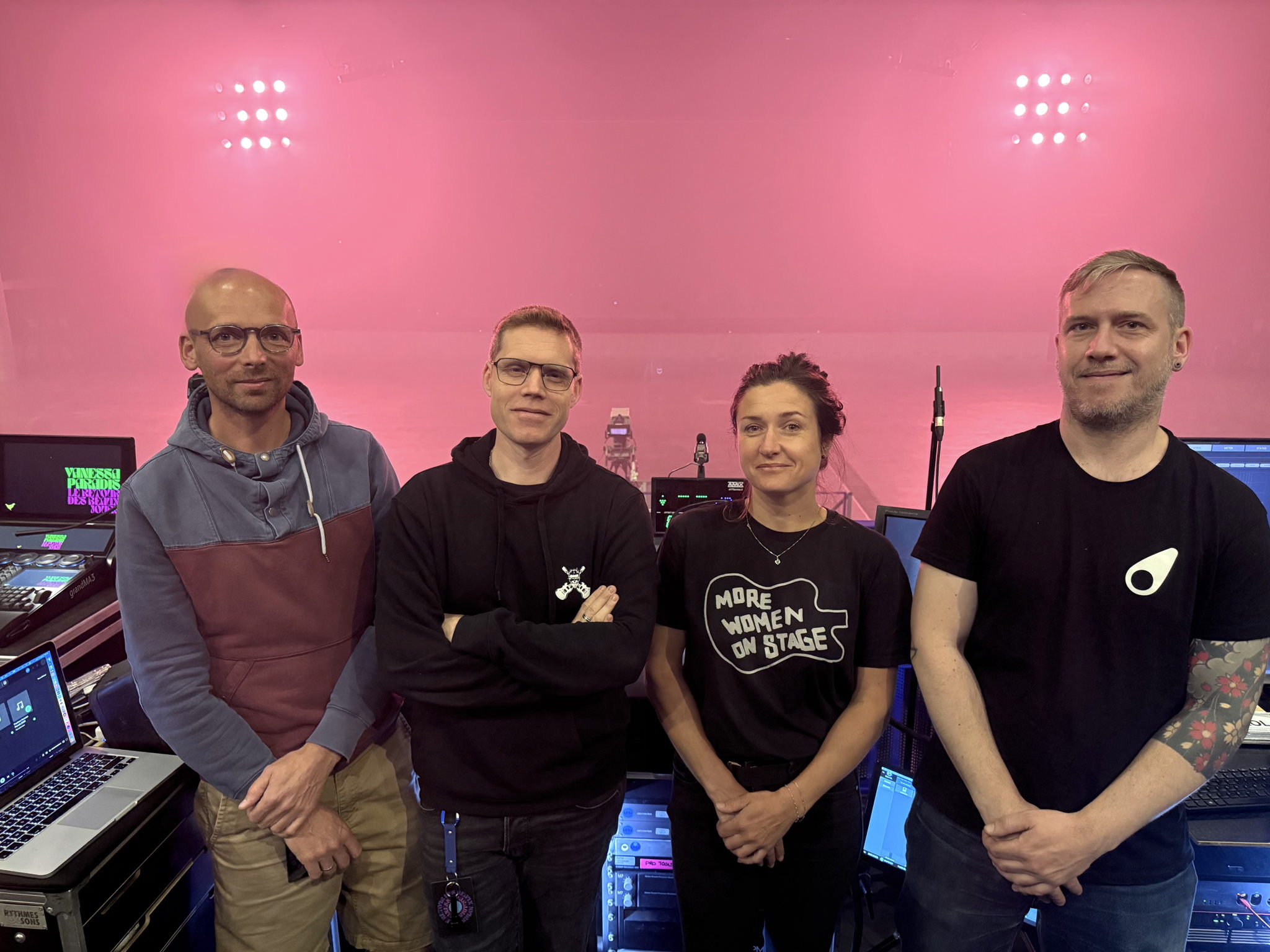 Vanessa Paradis’ audio team (left to right): Julien Decarne (FOH), Matthieu Speck (Mons), Nelly Robert (RF), François Kerjan (sequencing). Photo credit: Matthieu Speck