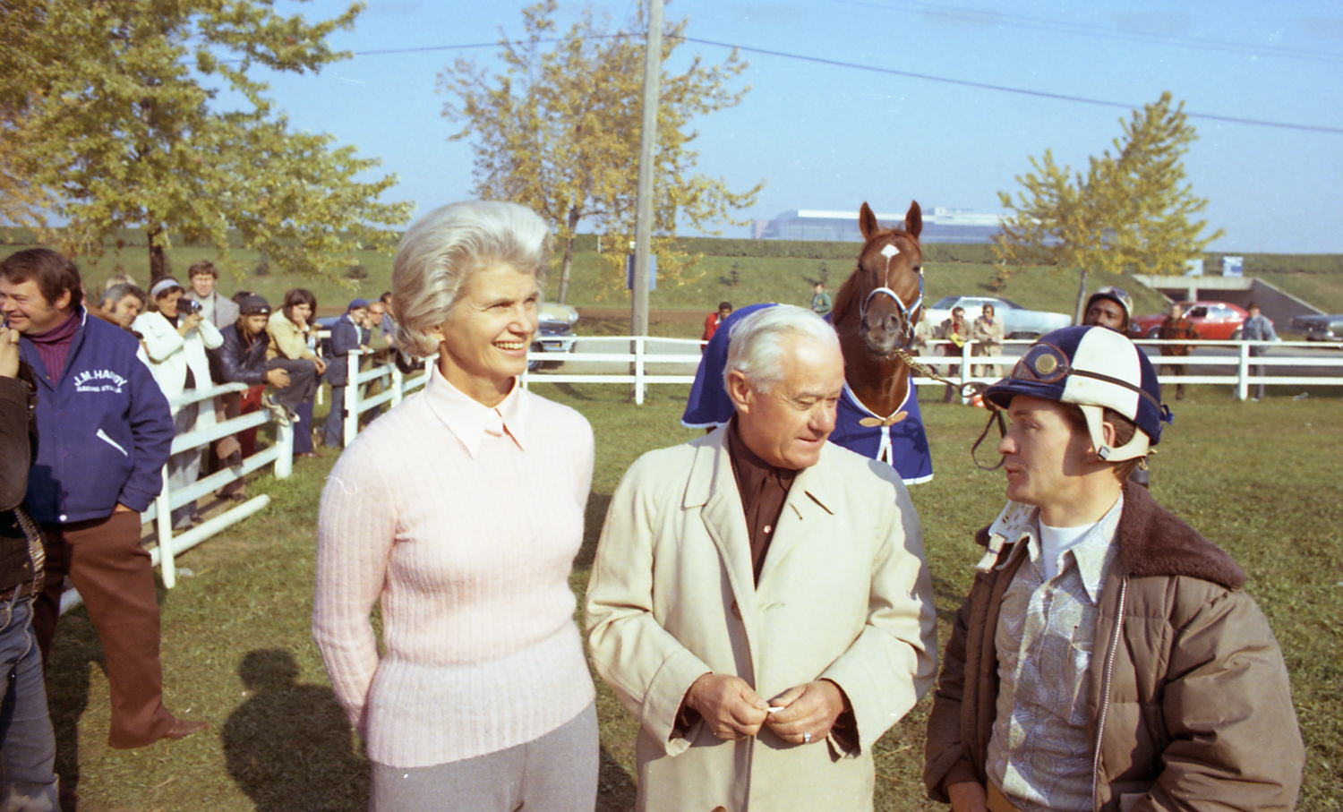 Secretariat's owner Penny Chenery, trainer Lucien Laurin and jockey Eddie Maple prepare for the 1973 Canadian International at Woodbine (Photo by Michael Burns)