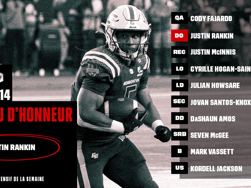 Tableau d’honneur de la LCF : Semaine 14 – Rankin nommé joueur de la semaine