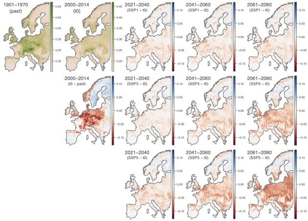 Mapped changes in ecological suitability for 46 European bumblebee species based on an observational data setof >400,000 unique georeferenced occurrence records. The authors here report the ecological suitability index (ESI) defined as the local mean ecological suitability averaged over species (ranging from ‘0’ to ‘1’). They report ESI estimates for the past and present-day (‘t0’, 2000-2014) projections, as well as the differences between past (1901-1970), present (‘t0’), and future (2021-2040, 2041-2040, and 2061-2080) projections.