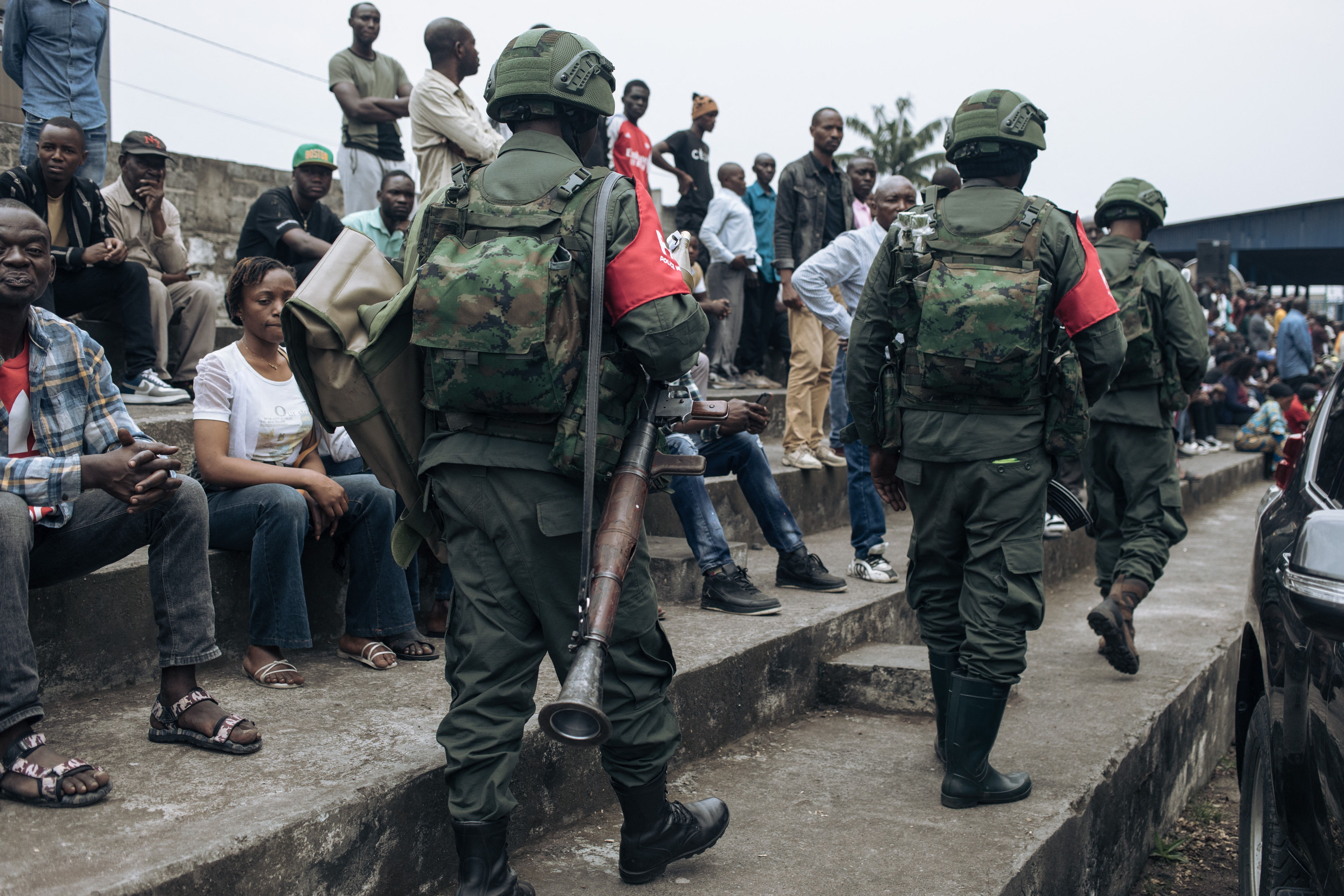 M23 soldiers at the Stade de l'Unité in Goma, 6 February 2025 ​ © PHOTO ALEXIS HUGUET / AFP