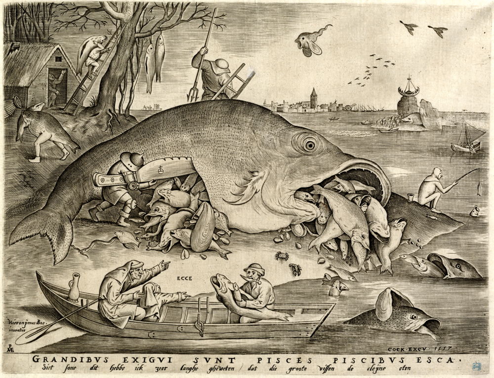 Pieter van der Heyden naar Pieter I Bruegel, De grote vissen eten de kleine, 1557 © KBR

