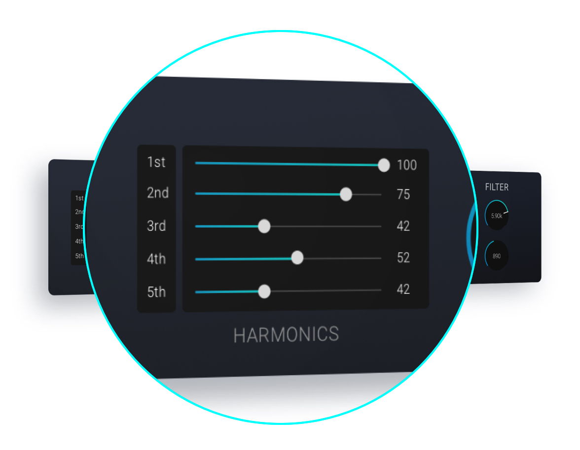 Los controles deslizantes de Harmonics ajustan con precisión los armónicos y subarmónicos de la señal sintetizada aditivamente