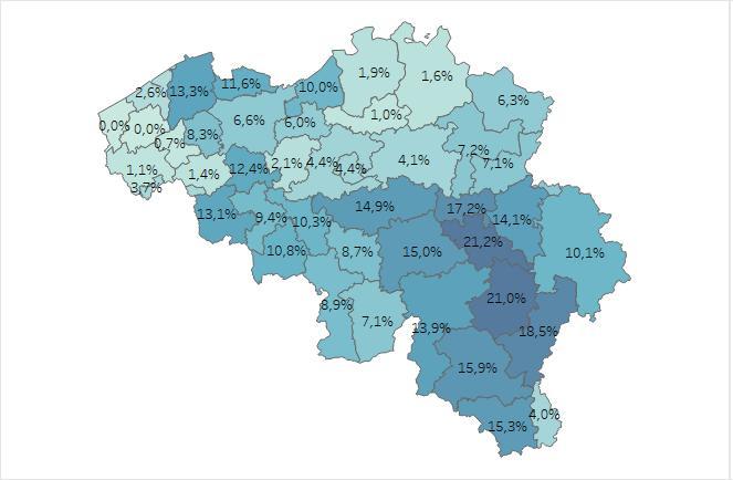 Figuur 1: Variatie tussen de Belgische arrondissementen in het aandeel pasgeborenen uit 2023-2024 aan wie minstens één keer refluxmedicatie werd voorgeschreven in het eerste levensjaar. Figuur 1: Variatie tussen de Belgische arrondissementen in het aandeel pasgeborenen uit 2023-2024 aan wie minstens één keer refluxmedicatie werd voorgeschreven in het eerste levensjaar.