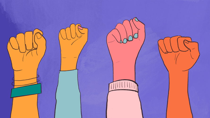 Illustration of women’s fists raised in a gesture of empowerment. Carrie Hawks/MSF
