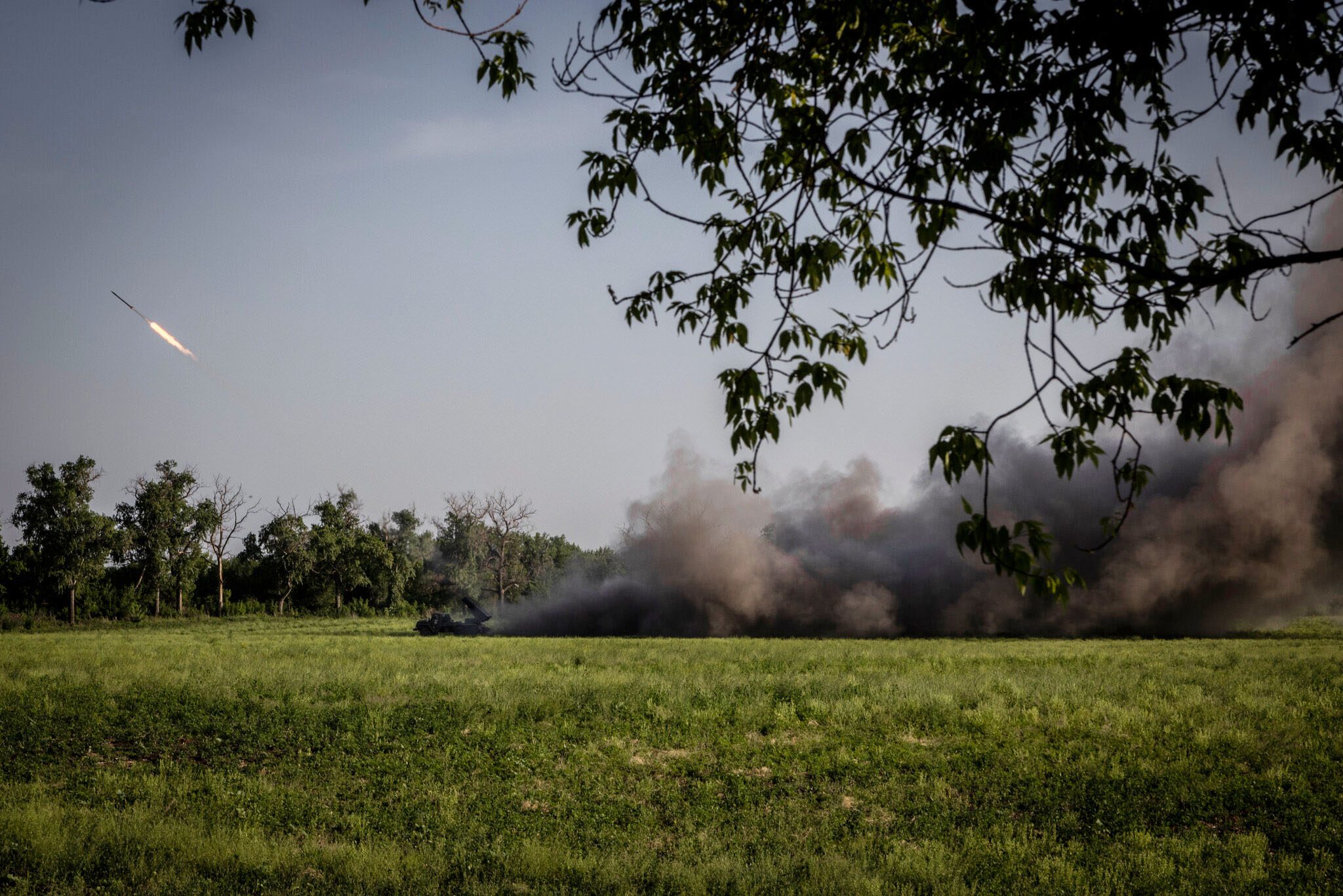 Ukrainian forces firing a salvo of rockets toward Russian positions near Sievierodonetsk. Ivor Prickett for The New York Times