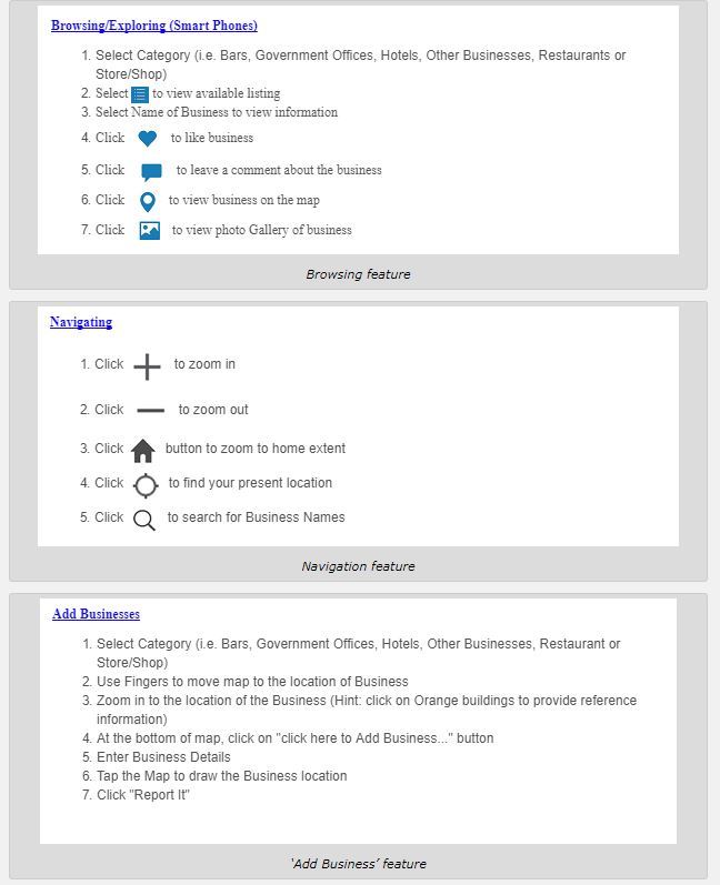 Browsing, nagivation and "add business" feature of the BVI mobile app