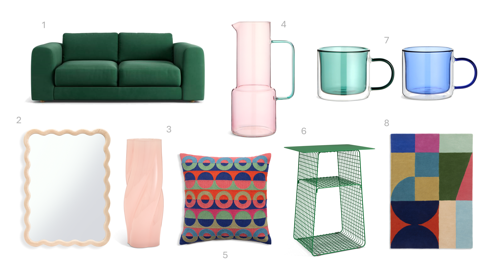 1.Habitat Ayr Fabric 3 Seater Sofa – Green, £1400, 2.Habitat Wavy Wall Mirror - Solid Ash - 75x55cm, £80, 3.Habitat Pink Twisted Vase, £12, 4.Habitat Two Tone Jug, £15, 5.Habitat 60 Ronda Embroidered Cushion by Margo Selby -43x43cm, £20, 6. Habitat Cal Metal Bedside Table - Green, £35, 7. Habitat Double Walled Mug 2pk, £12, 8. Habitat 60 Levi Wool Rug by Margo Selby - 120x170cm, £125 1.Habitat Ayr Fabric 3 Seater Sofa – Green, £1400, 2.Habitat Wavy Wall Mirror - Solid Ash - 75x55cm, £80, 3.Habitat Pink Twisted Vase, £12, 4.Habitat Two Tone Jug, £15, 5.Habitat 60 Ronda Embroidered Cushion by Margo Selby -43x43cm, £20, 6. Habitat Cal Metal Bedside Table - Green, £35, 7. Habitat Double Walled Mug 2pk, £12, 8. Habitat 60 Levi Wool Rug by Margo Selby - 120x170cm, £125