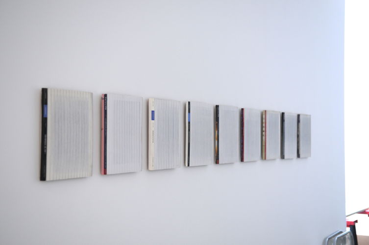 Denmark, Dode letters, 2011, Verticaal versneden veilingcatalogi contemporary art, Reeks van 9 stuks, 27 x 22 x 2.2 cm (9x)
