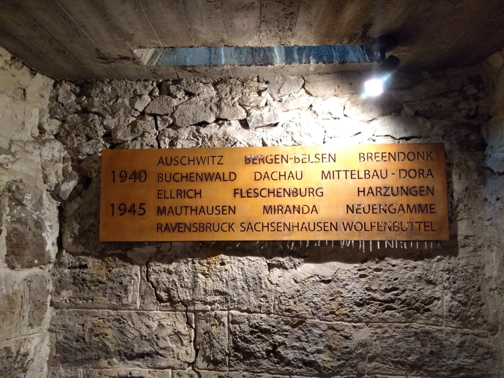 Gedenkplaat in crypte Sint-Pieterskerk ter herinnering oorlogsslachtoffers WOII