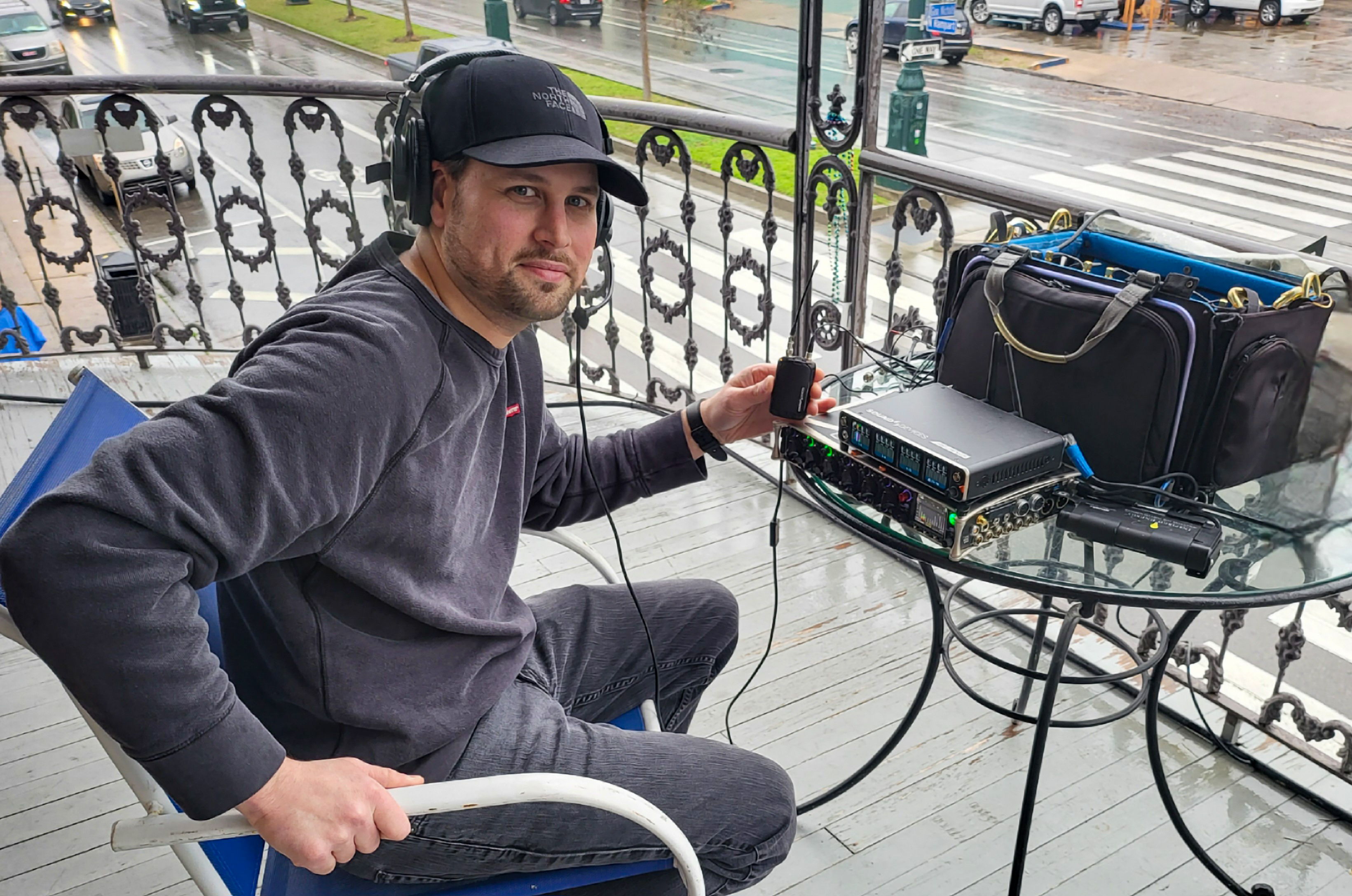 Dustin Fleetwood setting up his Sound Devices gear on set