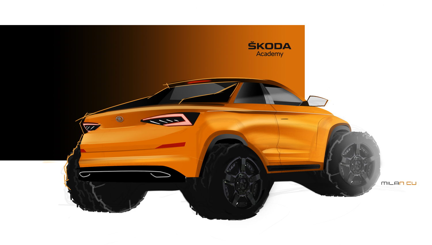 Massive wheels, sharp edges and sculptural surfaces define the pickup version of the ŠKODA KODIAQ, the 2019 ŠKODA Student Concept Car.