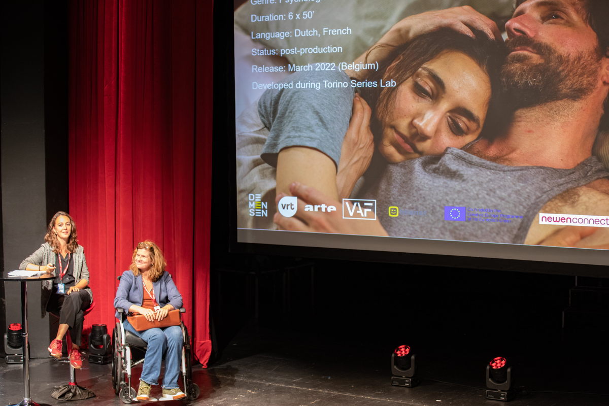 Producer Ivy Vanhaecke en director Nathalie Basteyns presenting their series Lost Luggage at the Serial Killer Festival