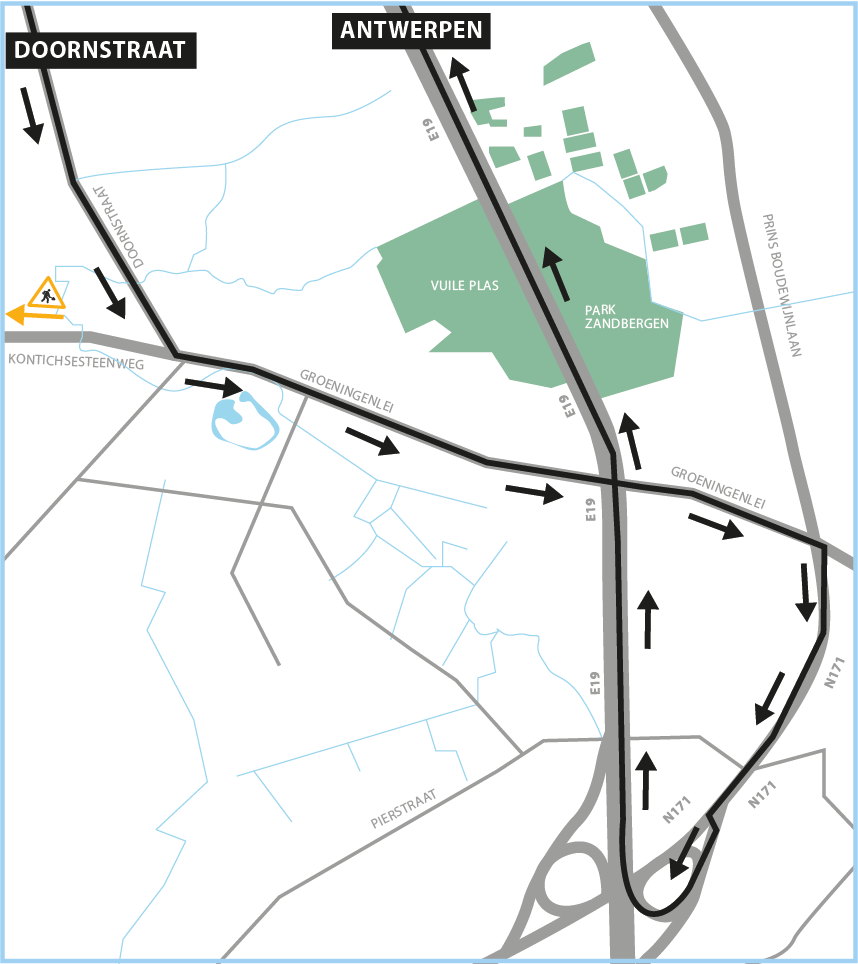 Omleidingsplan Antwerpen vanuit Doornstraat.