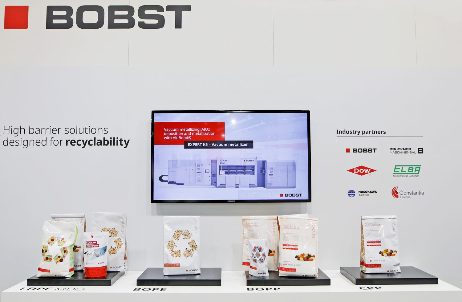 The different types of mono-material high barrier pouches exhibited on the BOBST stand at  K 2019