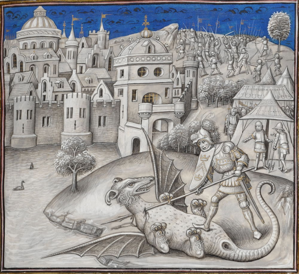 Combat du consul Marcus Actilius et de
l’animal fabuleux. Miniature de Willem
Vrelant dans Leonardo Bruni, Première
guerre punique. KBR, ms 10777, f 58r