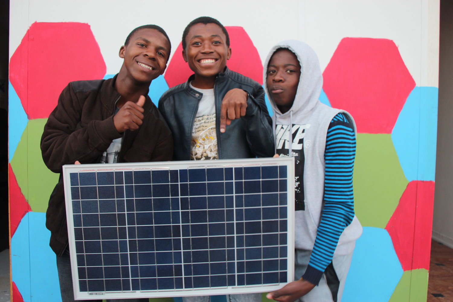 Odwa Manyi, Lunga Makhonxa and Sihle Mbothina from Bulumko High School, one of the schools involved in the Playing with Solar project.